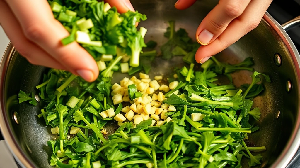 process: close-up of hands adding chopped dandelion greens to a stainless steel skillet with sizzling garlic and oil, steam rising, golden light illuminating the greens mid-wilt, captured mid-action, natural daylight, no text