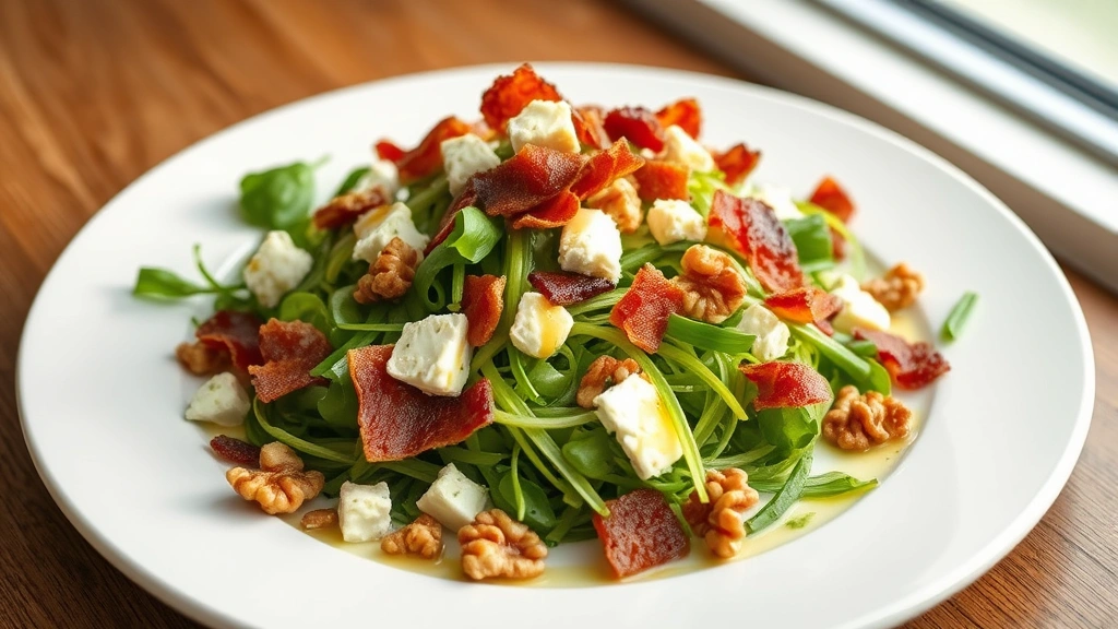 hero: elegant dandelion salad on white plate, crispy bacon bits scattered throughout, creamy goat cheese crumbles, toasted walnuts visible, warm golden vinaigrette glistening, fresh chives garnish, photorealistic, natural window light, soft shadows, no text