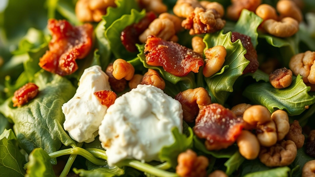 detail: close-up of tender dandelion greens with creamy goat cheese, crispy bacon pieces, toasted walnuts, warm vinaigrette coating leaves, photorealistic, macro photography, golden hour lighting, no text
