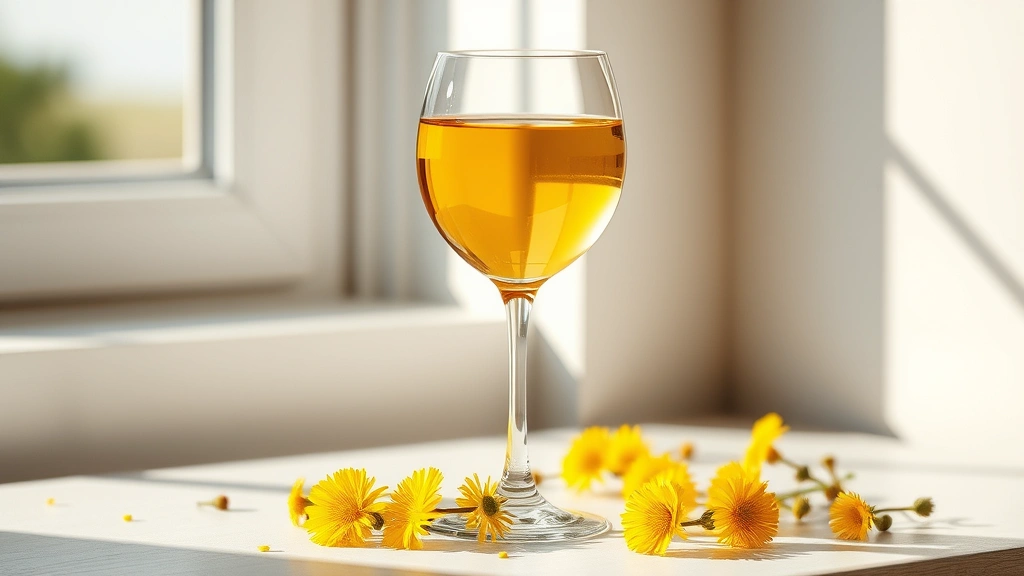hero: golden dandelion wine in an elegant wine glass with dandelion flowers scattered beside it, photorealistic, natural window light, no text