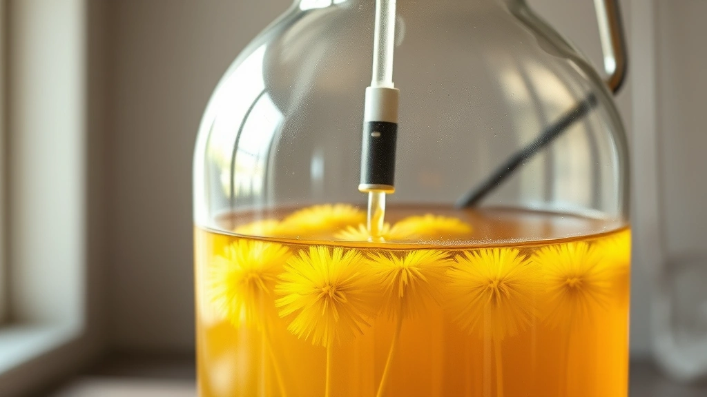 process: glass carboy with golden dandelion wine during fermentation with an airlock, photorealistic, natural light, no text