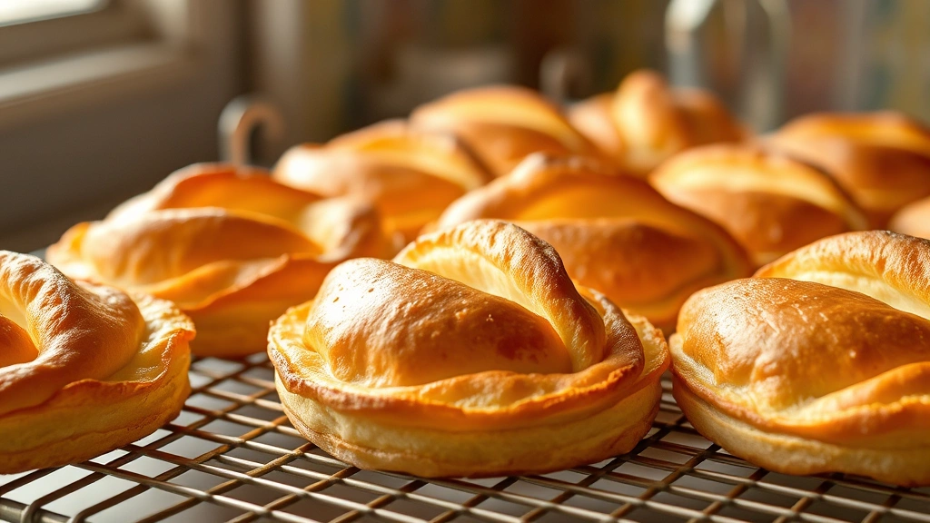 hero: golden-brown Danish pastries cooling on wire rack, flaky layers visible on sides, fresh from oven, warm steam rising, natural window light, close-up detail, no text