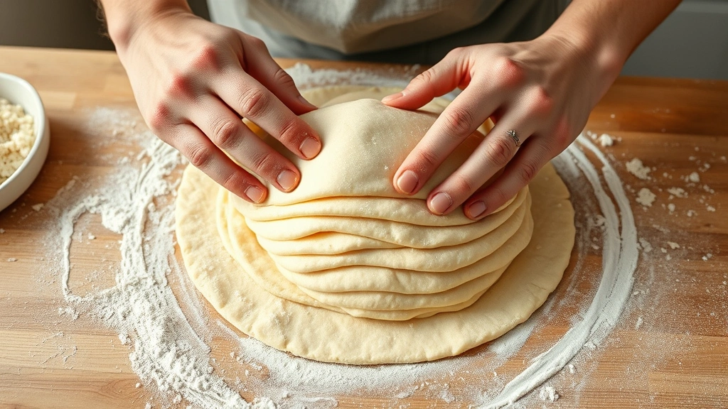 process: hands folding butter into dough during lamination, multiple layers visible on cross-section, flour dusting, cool kitchen counter, natural light from above, no text