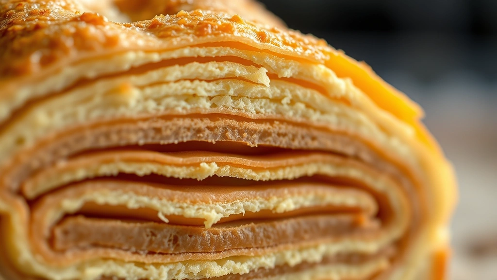 detail: extreme close-up of crispy laminated layers in cross-section of baked Danish pastry, showing definition between each layer, crumb structure detail, macro photography, no text
