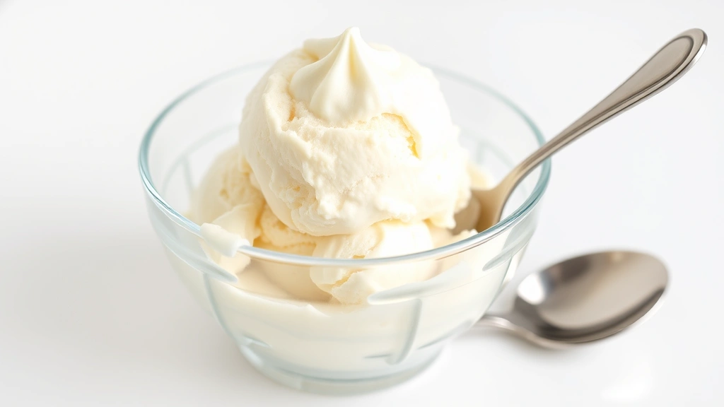 hero: creamy vanilla ice cream in clear glass bowl with dasher, soft-serve style texture, natural soft lighting, spoon on side, clean white background