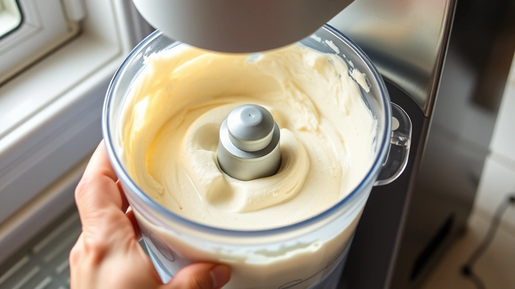 process: Dash ice cream maker actively churning with pale mixture inside freezer bowl, dasher spinning, machine on counter with hand adjusting, natural kitchen lighting