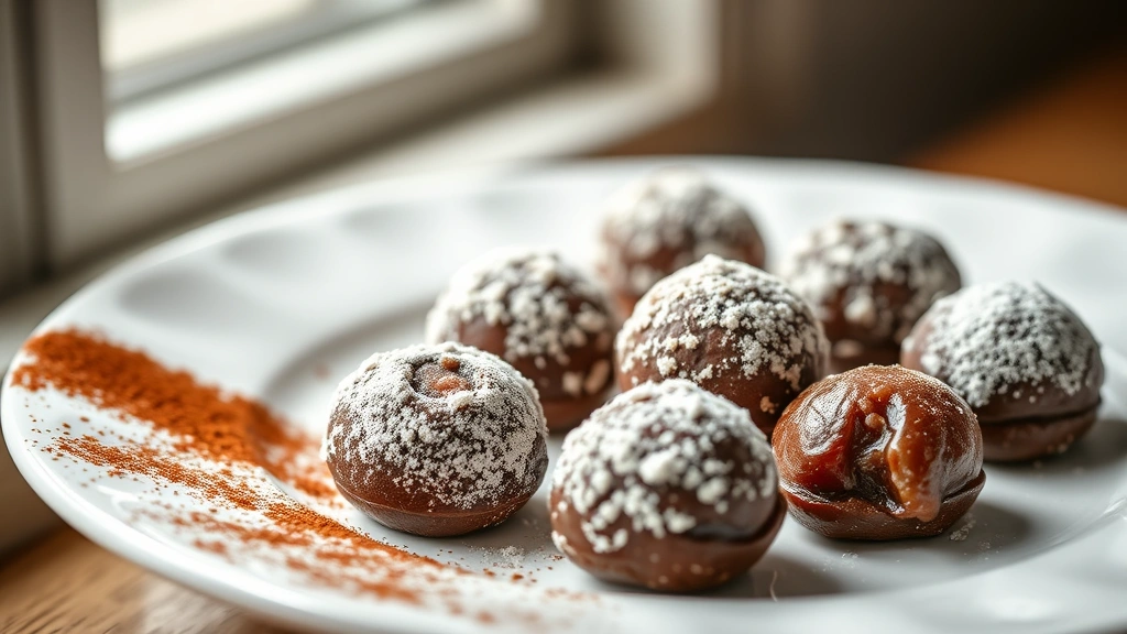 hero: beautiful homemade date balls arranged on a white ceramic plate with some dusted in cocoa powder and others rolled in powdered sugar, soft natural window light, shallow depth of field, elegant presentation