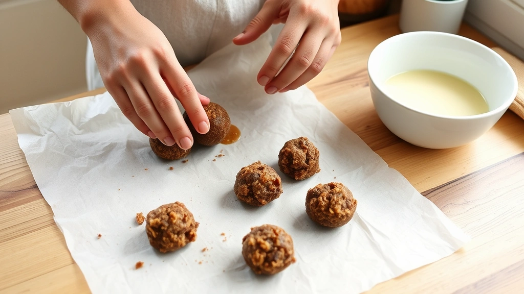process: hands rolling date mixture into balls on parchment paper, coconut oil melting in white bowl nearby, natural daylight from window, cozy kitchen setting, no text