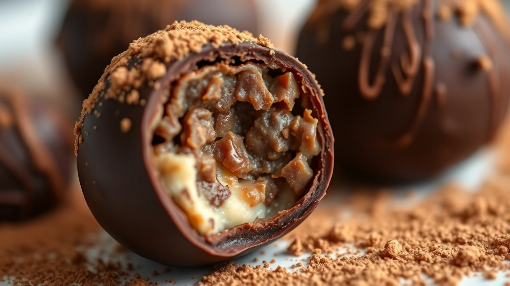 detail: close-up of chocolate-dipped date ball with cocoa powder dusting, creamy interior visible from cross-section, natural soft lighting, professional food photography style