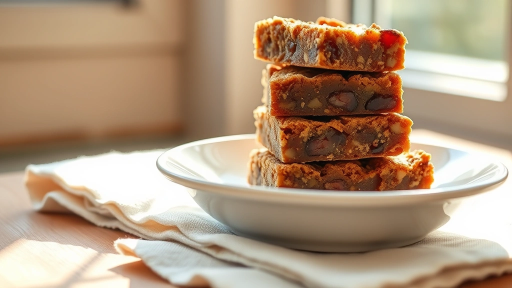 hero: golden-brown date bars stacked on white ceramic plate, warm afternoon natural light streaming through window, shallow depth of field, food styling with linen napkin, no text or watermarks