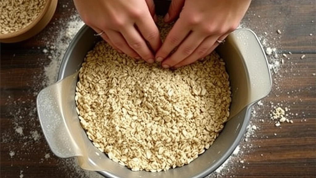 process: hands pressing oat mixture into baking pan, close overhead shot, natural daylight, flour dust visible, rustic kitchen counter background, no text or watermarks