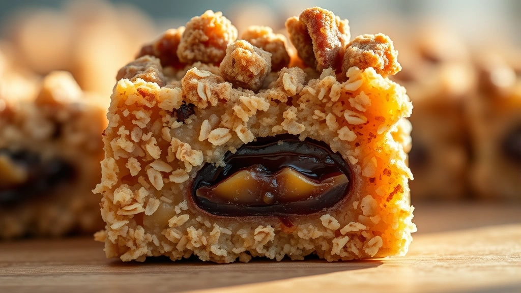 detail: close-up macro shot of single date bar cross-section showing layers of oat crust, date filling, and crumbly topping, afternoon sunlight, warm tones, no text or watermarks