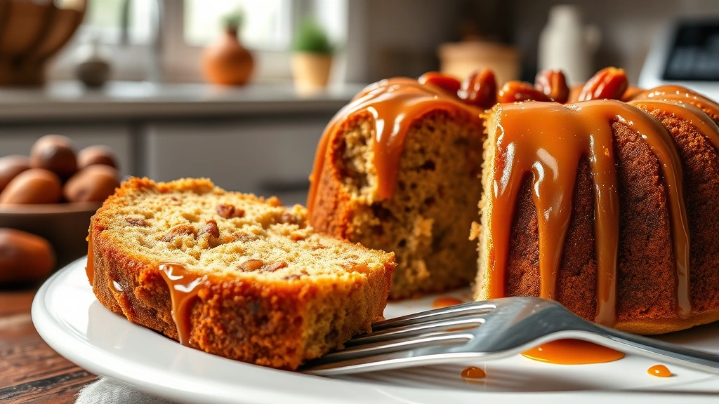 hero: golden-brown date cake with caramel glaze dripping down the sides, slice of cake on white plate with fork, cozy kitchen background, photorealistic, natural window light, no text