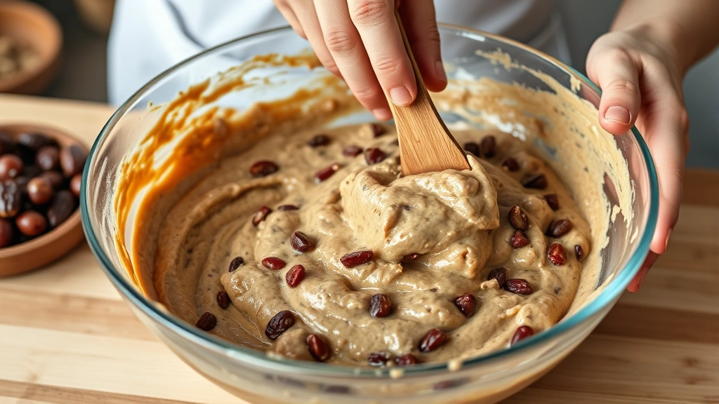 process: hands folding date mixture into cake batter in large bowl, wooden spatula, kitchen counter, photorealistic, natural light, no text