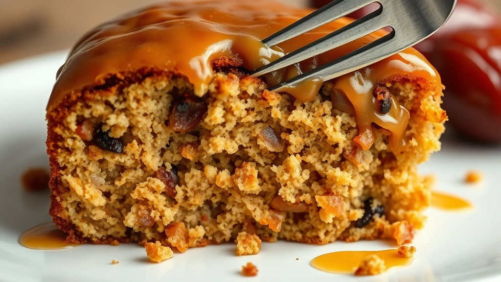 detail: close-up of slice of date cake showing moist crumb texture and caramel glaze, fork cutting into cake, photorealistic, natural light, no text