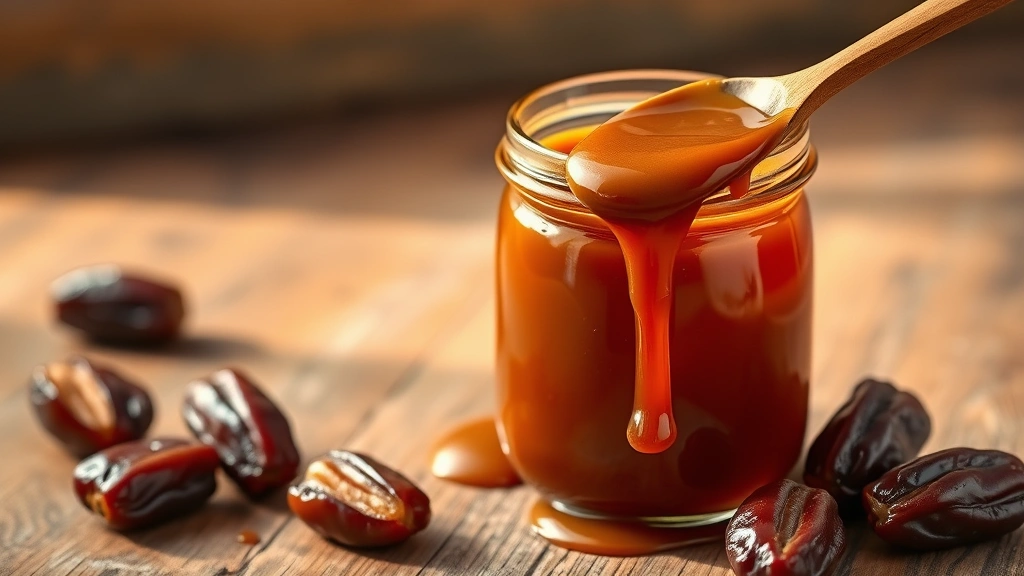 hero: glossy date caramel sauce in glass jar, rich amber color, dripping off wooden spoon, photorealistic, warm natural window light, no text, rustic wooden surface