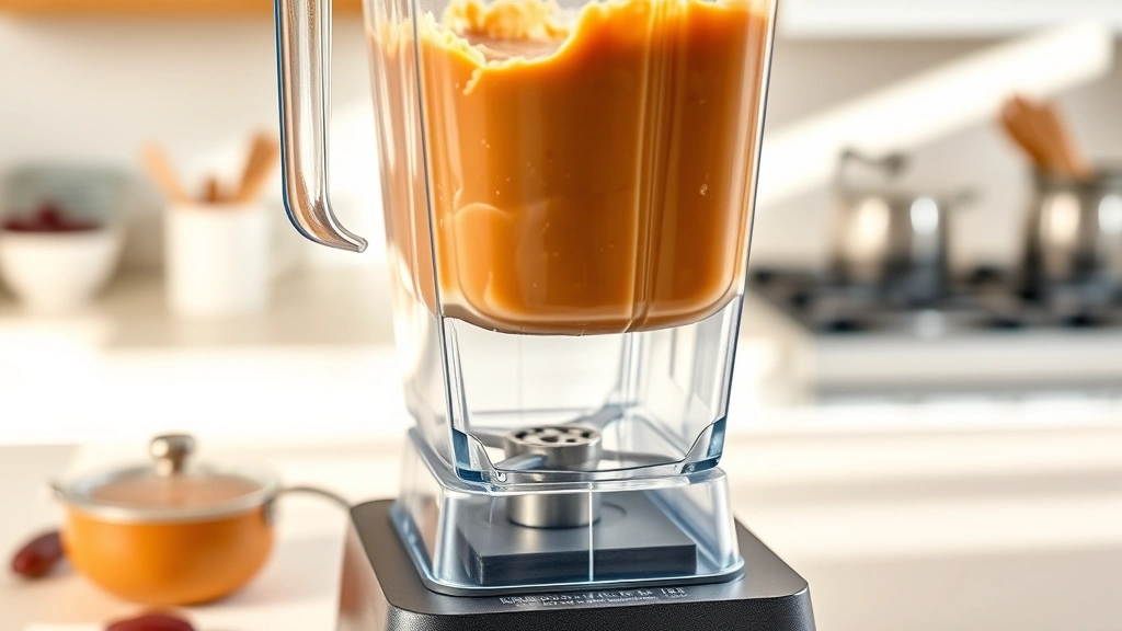 process: high-powered blender with smooth date caramel mixture being blended, cream-colored kitchen counter, photorealistic, bright natural light, no text