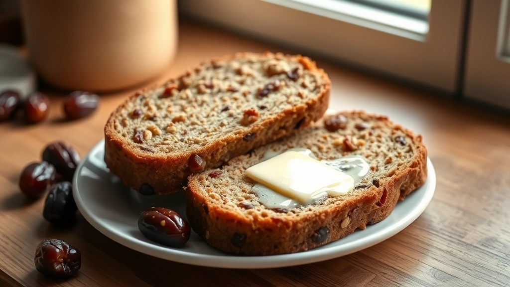 hero: two slices of date nut bread on a white ceramic plate with butter melting on top, fresh dates scattered nearby, photorealistic, warm natural window light, no text, cozy kitchen setting