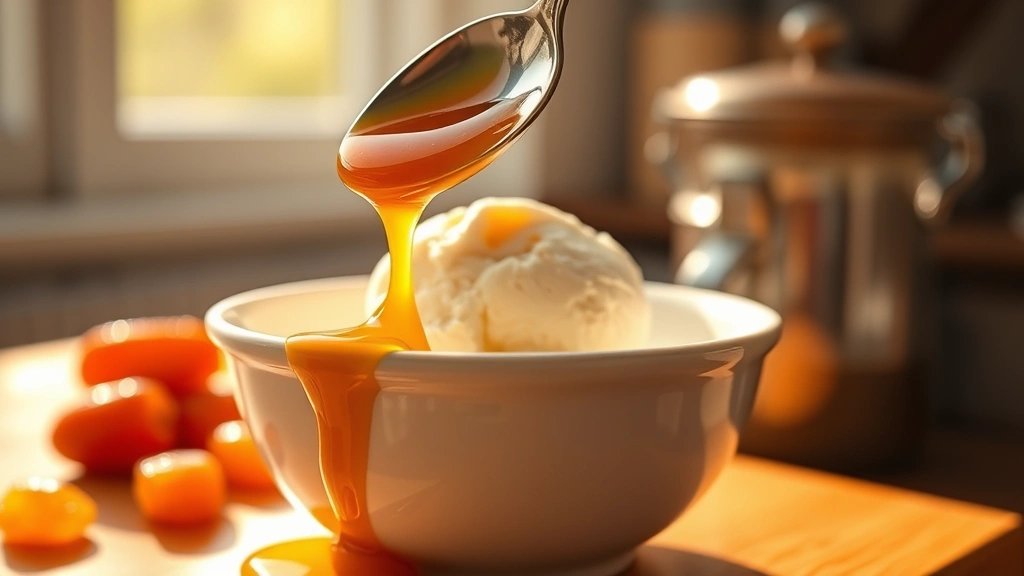 hero: golden amber date syrup dripping from a spoon over vanilla ice cream, photorealistic, warm natural sunlight streaming through kitchen window, ceramic white bowl, no text