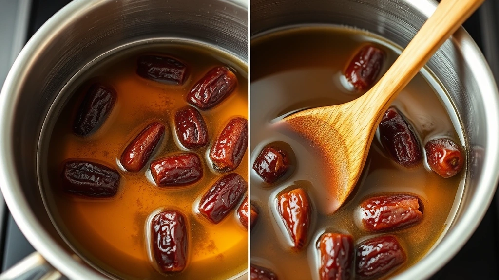 process: simmering dates in clear water in stainless steel saucepan, deep golden liquid, wooden spoon stirring, photorealistic, natural kitchen lighting, no text