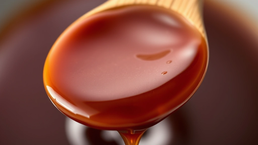 detail: close-up of thick mahogany date syrup coating back of wooden spoon, glossy finish, rich color gradient, photorealistic, macro photography style, no text