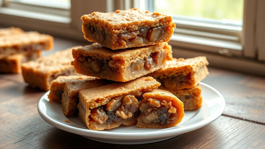 hero: golden-brown date bars stacked on a white plate with one bar broken in half showing the chewy date filling inside, natural daylight from a window, rustic wooden table background, no text or watermarks