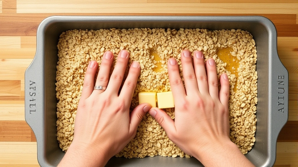 process: hands pressing oat mixture into a baking pan, golden oats and butter mixture visible, overhead angle, natural kitchen lighting, no text or watermarks