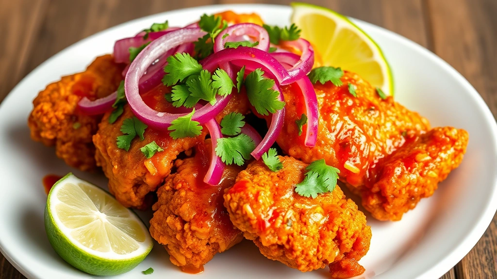 hero: golden-brown fried chicken pieces coated in spicy sauce, topped with pickled red onions and fresh cilantro, served on white plate with lime wedges, photorealistic, natural daylight, professional food photography, no text