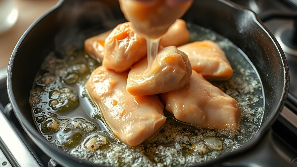 process: chicken pieces being lowered into bubbling hot oil in cast iron skillet, golden coating visible, steam rising, photorealistic, natural kitchen lighting, no text