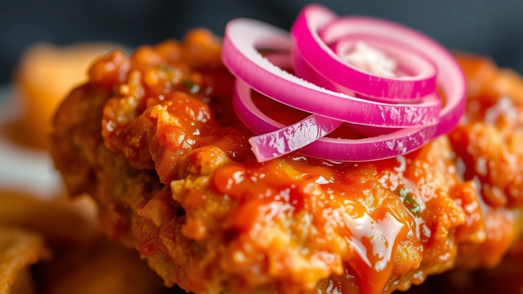 detail: close-up of single piece of crispy fried chicken with sauce coating, showing crunchy exterior texture and pickled red onion topping, photorealistic, macro photography, natural light, no text