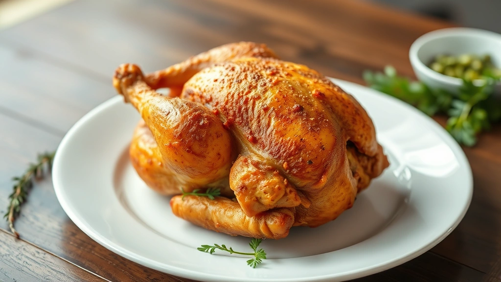 hero: whole golden-brown deep fried turkey on white platter with fresh herbs garnish, photorealistic, natural daylight, no text