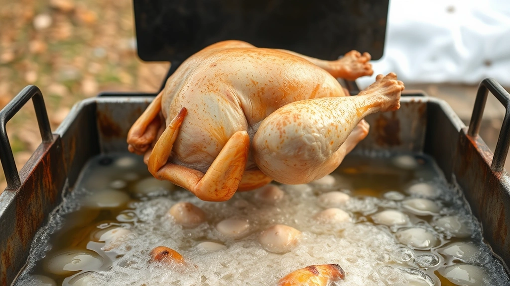 process: turkey being slowly lowered into bubbling hot oil in outdoor fryer, photorealistic, natural daylight, no text