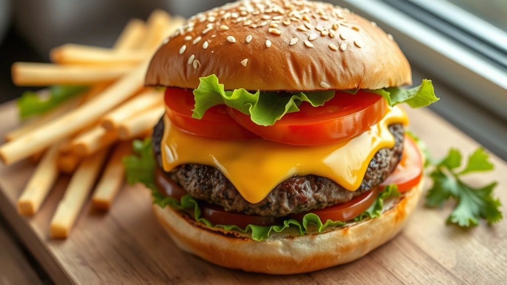 hero: finished deer burger on toasted bun with melted cheese, fresh lettuce and tomato, sesame seed bun, close-up overhead shot, photorealistic, natural window light, no text, appetizing food photography