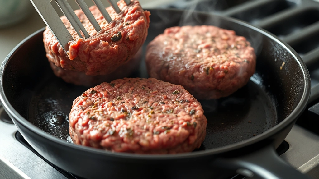 process: raw venison burger patties being flipped on cast iron skillet with visible sear crust, steam rising, photorealistic, natural kitchen light, no text, culinary photography