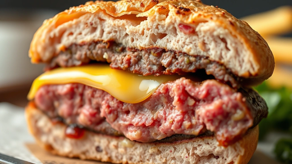 detail: cross-section of cooked venison burger showing pink interior, melted cheese layer, visible meat texture, close-up macro shot, photorealistic, natural light, no text, professional food styling