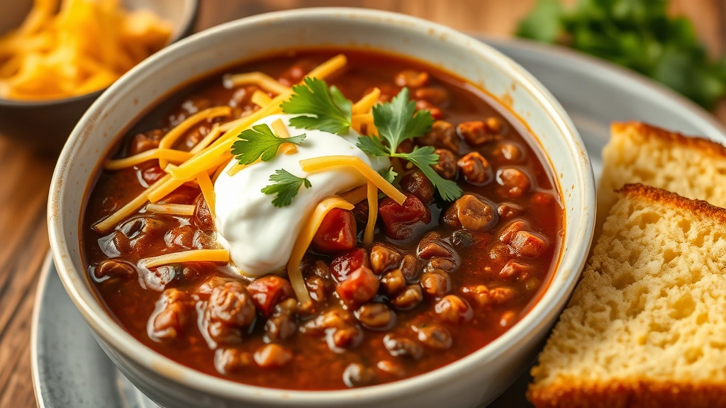 hero: steaming bowl of rich dark deer chili topped with shredded cheddar cheese, fresh cilantro, and sour cream dollop, cornbread on the side, photorealistic, natural warm lighting, no text