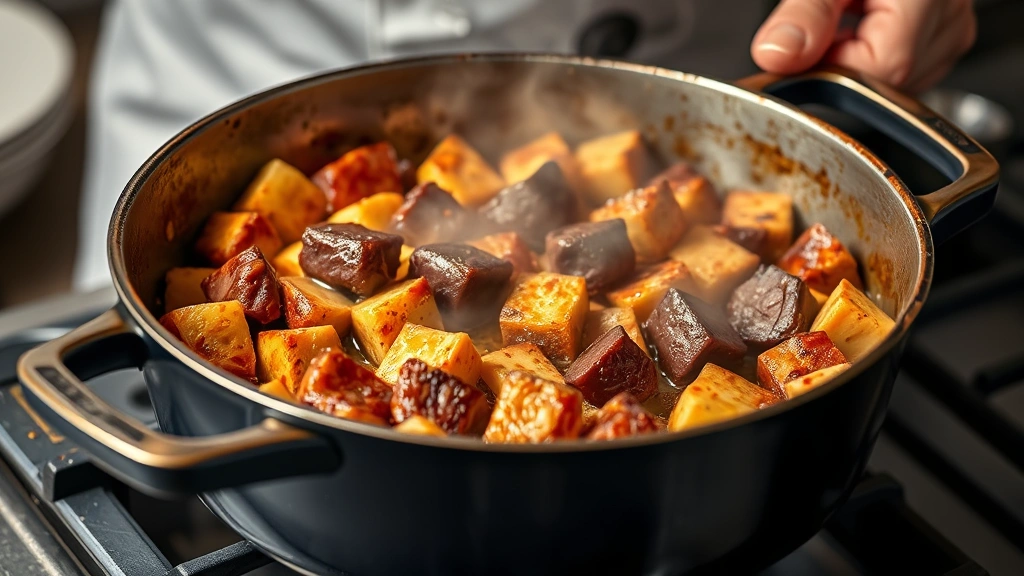 process: chef searing cubed venison in Dutch oven with beautiful golden crust forming, steam rising, photorealistic, natural kitchen lighting, no text