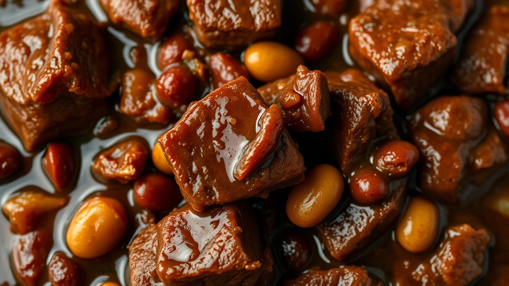 detail: close-up of tender venison chunks in rich chocolate-colored chili sauce with visible beans and peppers, photorealistic, natural overhead lighting, no text