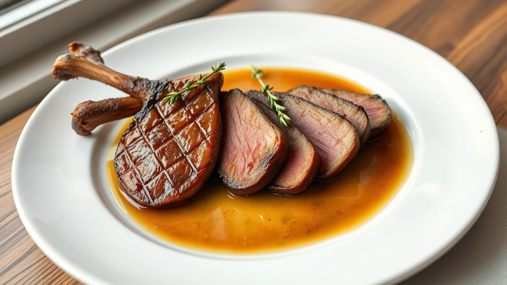 hero: perfectly seared sliced deer heart on white plate with thyme garnish and pan sauce, photorealistic, natural window light, no text, restaurant plating style