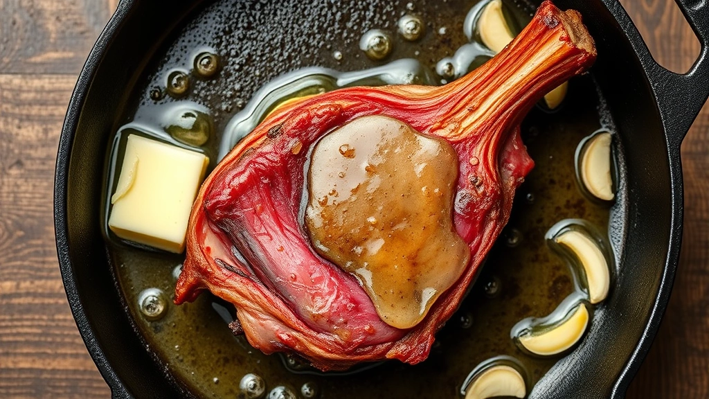 process: deer heart sizzling in cast iron skillet with melting butter and garlic cloves, photorealistic, natural light, no text, overhead angle