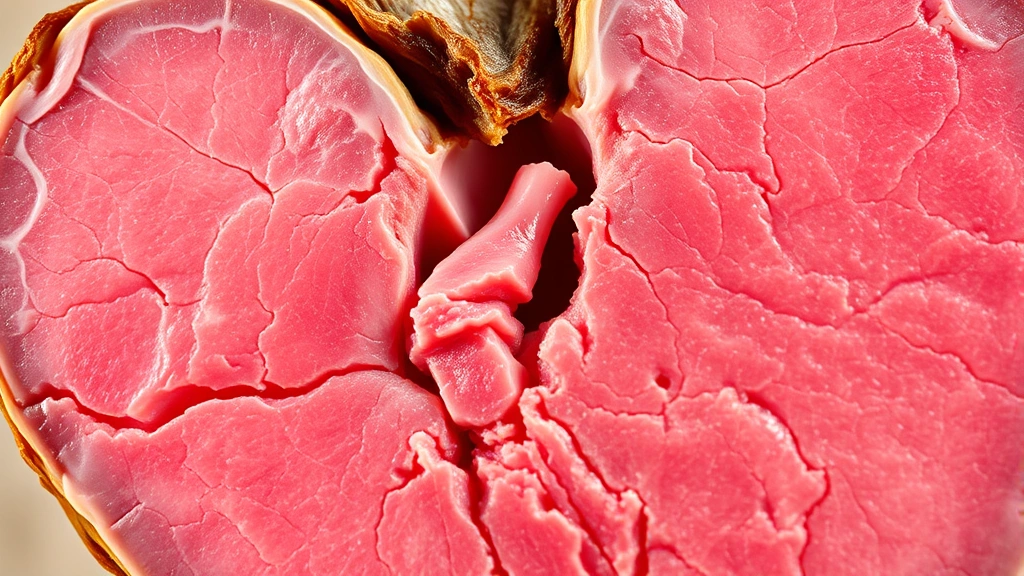 detail: close-up cross-section of sliced deer heart showing perfect medium-rare pink interior with golden crust, photorealistic, natural light, no text, macro photography
