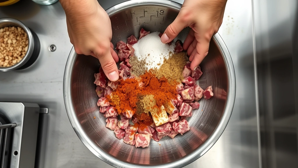 process: hands mixing ground venison and pork with spices in metal bowl, cold ingredients visible, overhead shot, bright kitchen lighting, stainless steel surfaces