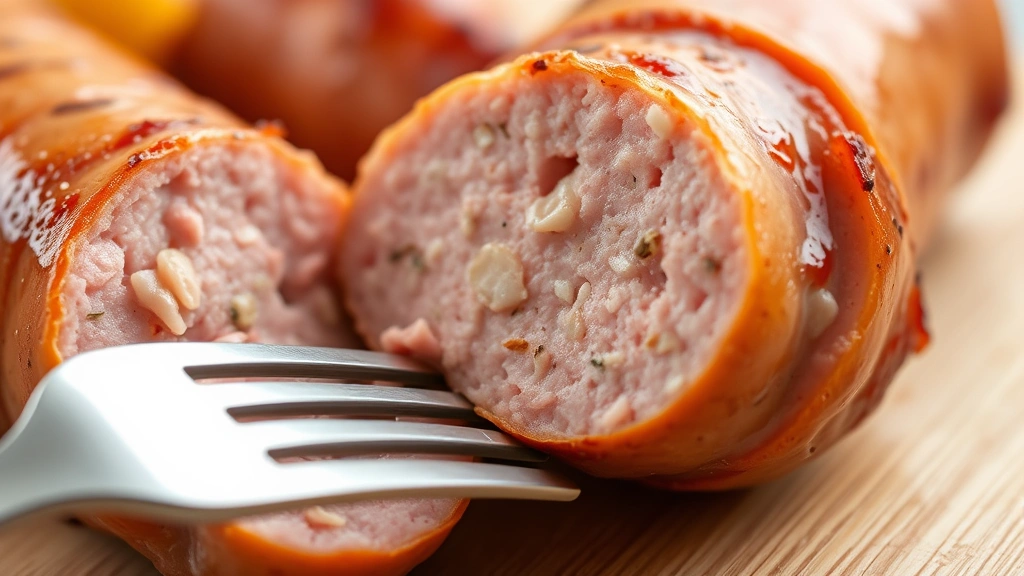detail: close-up of perfectly cooked sausage link cut in half showing pink interior and even seasoning distribution, fork resting beside, macro photography, soft natural light