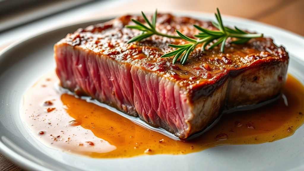 hero: perfectly seared venison steak with golden crust and pink interior, plated with fresh rosemary garnish and pan sauce, photorealistic, natural window light, shallow depth of field, no text