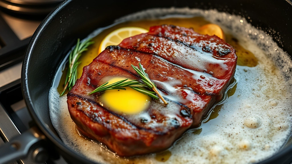 process: butter basting venison steak in cast-iron skillet with foaming butter, rosemary sprigs and garlic visible, action shot mid-baste, photorealistic, professional kitchen lighting, no text