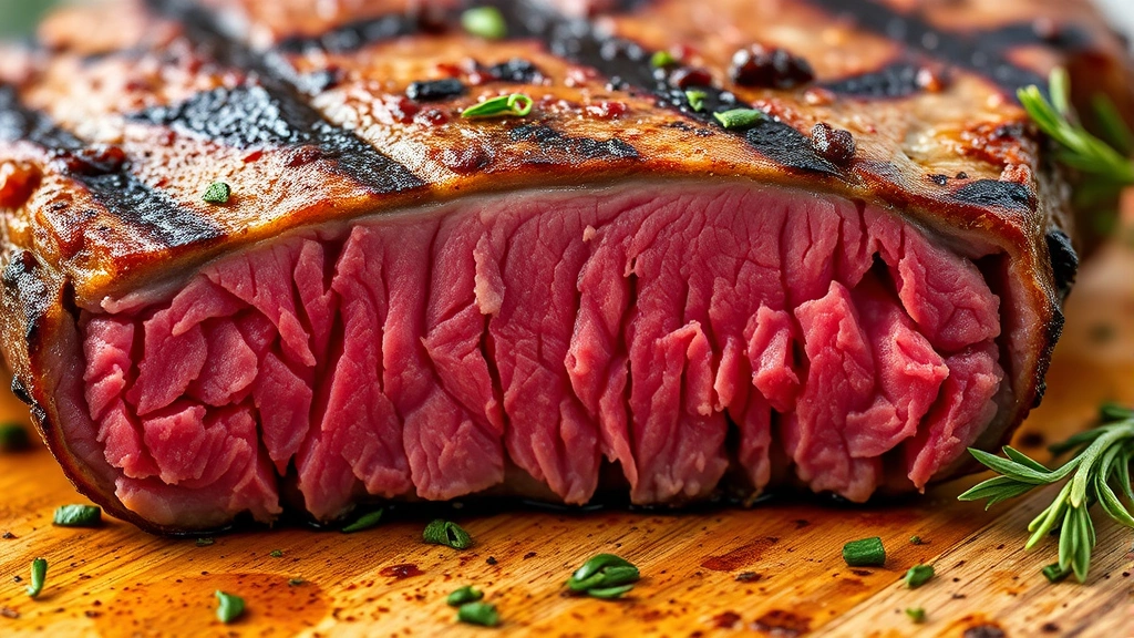 detail: close-up cross-section of cooked venison steak showing perfect medium-rare interior, golden crust visible, fresh herbs scattered nearby, photorealistic, macro photography, natural light, no text