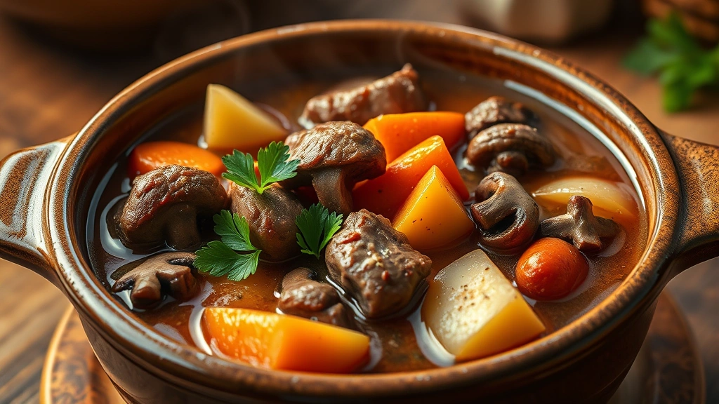 hero: steaming bowl of rich deer stew with tender venison chunks, carrots, potatoes, and mushrooms in glossy brown broth, fresh parsley garnish, warm golden lighting, rustic ceramic bowl, cozy kitchen background