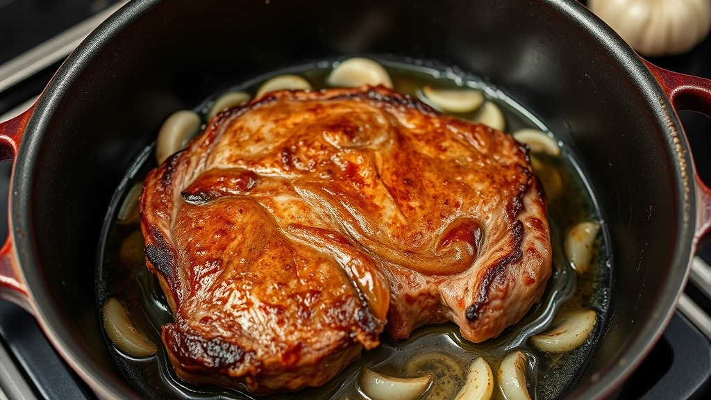 process: venison meat searing in Dutch oven with golden-brown crust, onions and garlic in background, steam rising, professional kitchen lighting, overhead angle showing browning technique