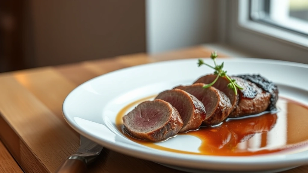 hero: sliced venison tenderloin on white plate with rich brown pan sauce, fresh thyme garnish, warm natural window light, professional plating, no text