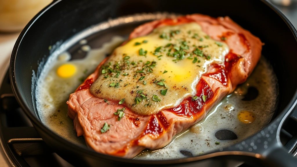 process: cast iron skillet with searing venison tenderloin, foaming herb butter and garlic, golden crust forming, kitchen counter, no text